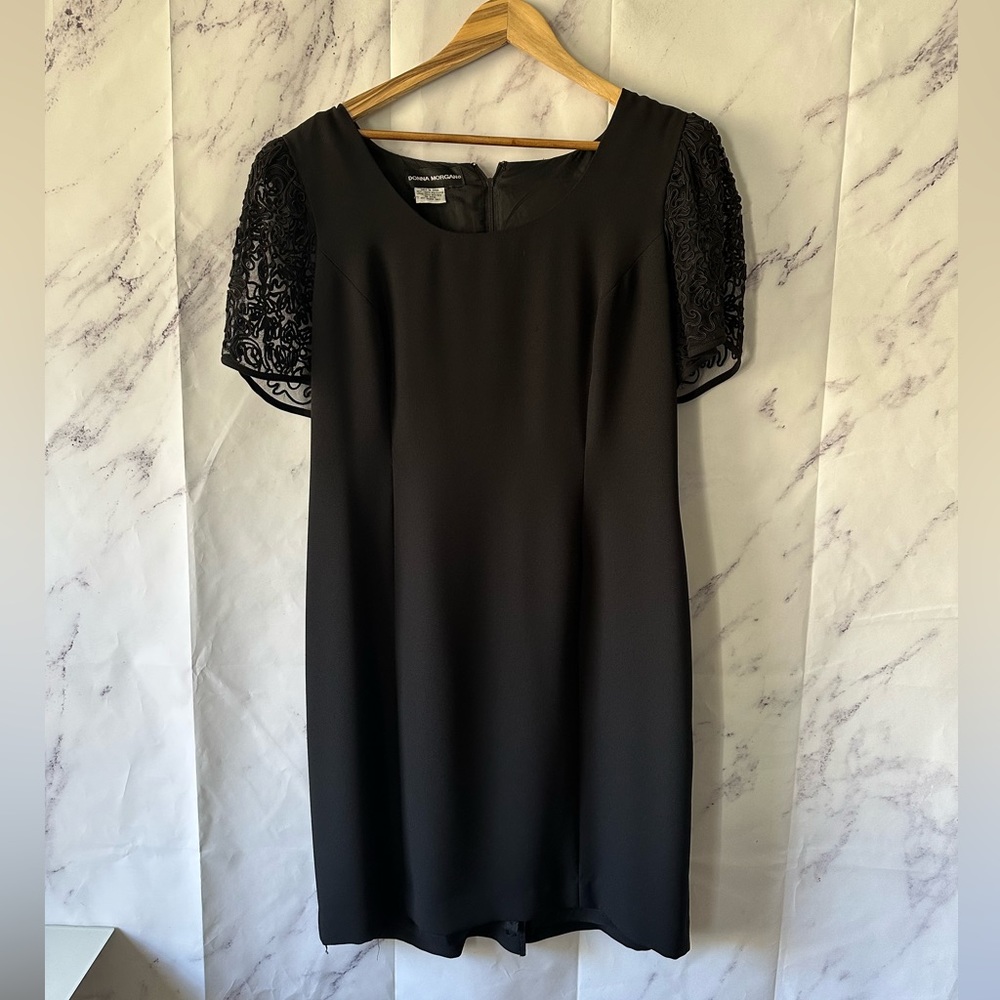 VINTAGE 90s DONNA MORGAN SHORT LACE SLEEVE SHEATH DRESS BLACK WOMENS LARGE